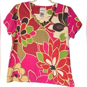 Chico's Bold Vibrant Floral Cute V Neck Tunic Top Soft Stretch Cotton Size Large
